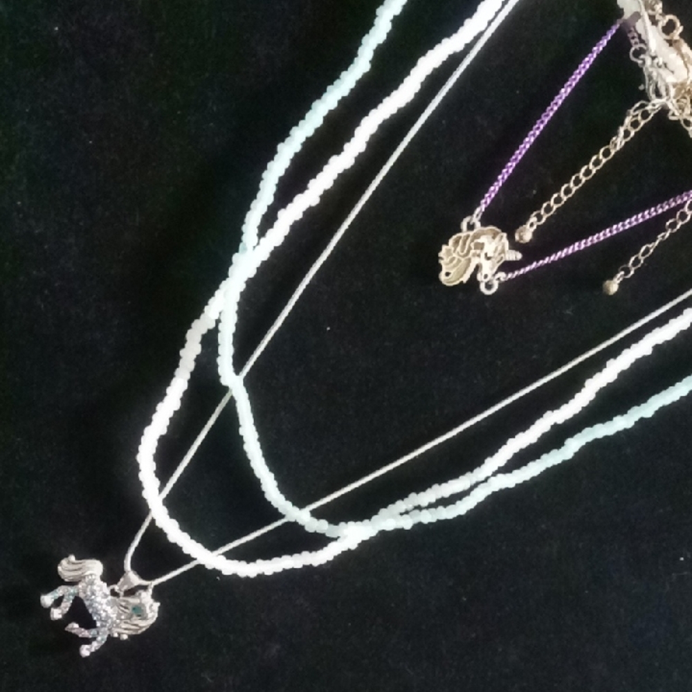 White Beaded Necklace with Silver Horse 3 Pendant Necklaces 1 Bracelet